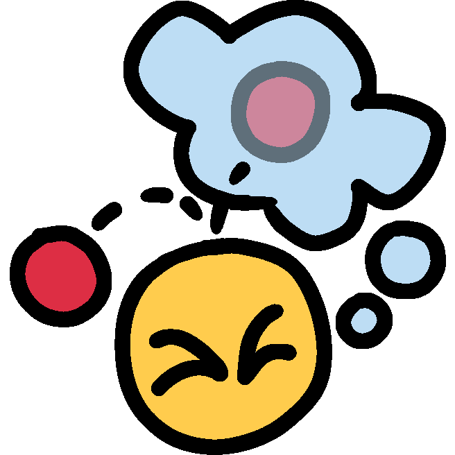an emoji yellow face with a red ball falling out of their thought bubble and bonking them on the head, leaving a dashed line to show its path. the thought bubble has a faded version of the ball